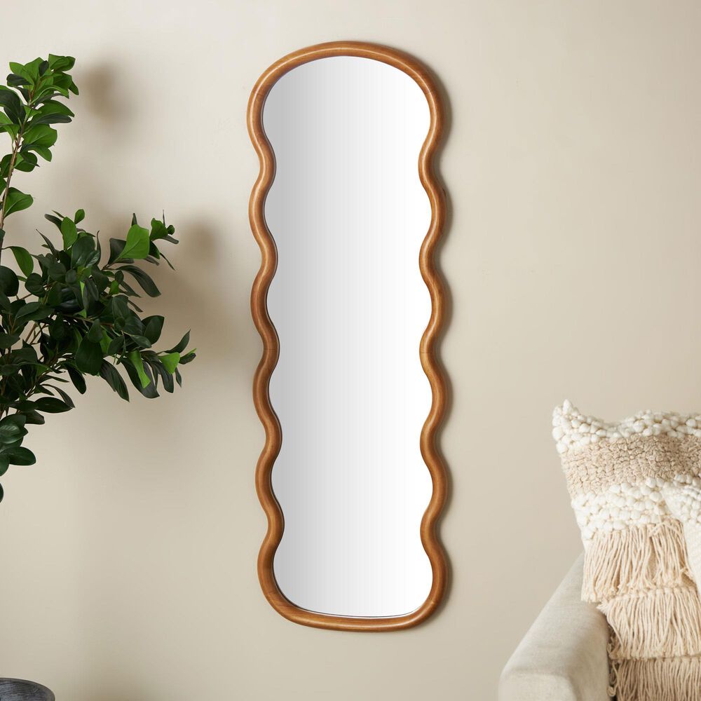 Maple and Jade 47&quot; Wood Abstract Wavy Wall Mirror in Brown, , large