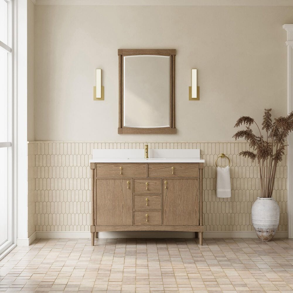 James Martin Kinnsden 48" Single Bathroom Vanity in Weathered Oak with Single Hole 3 cm White Zeus Silestone Top and Rectangular Sink, , large