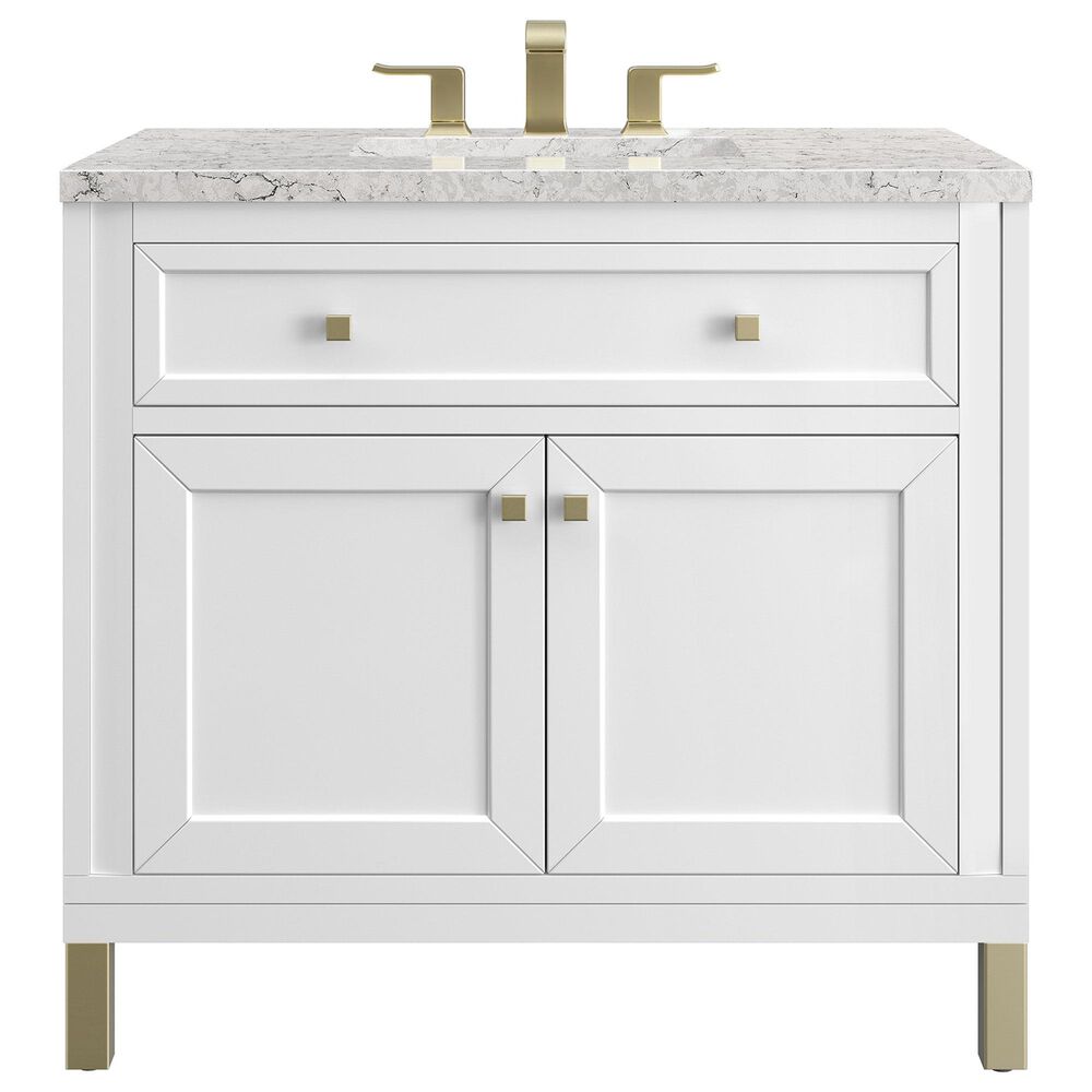 James Martin Vanities Chicago 36" Single Bathroom Vanity in Glossy White with 3 cm Eternal Jasmine Pearl Quartz Top and Rectangular Sink, , large
