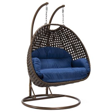 Leisuremod Mendoza Patio 2-Seat Hanging Egg Swing Chair with Blue Cushion in Dark Brown, , large