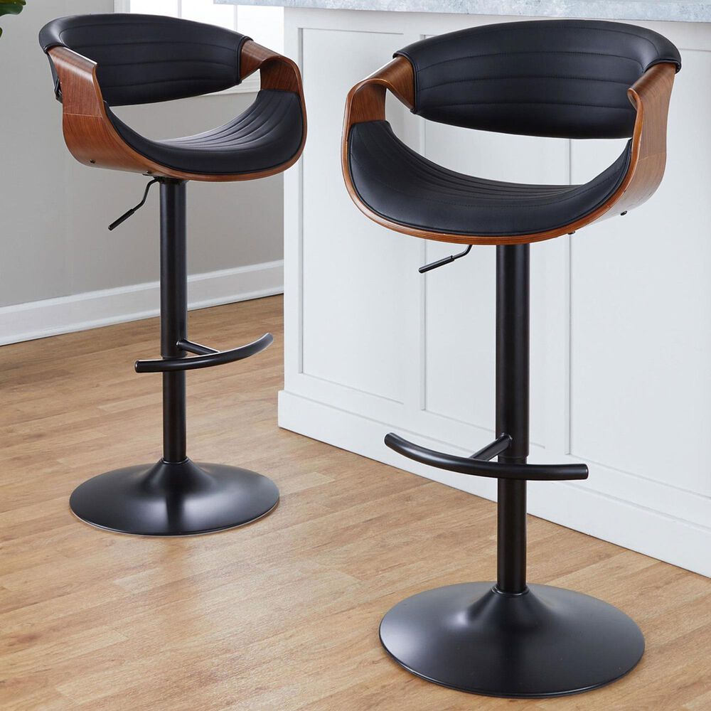 LumiSource Symphony Swivel Adjustable Bar Stool with Black Upholstery in Walnut and Black (Set of 2), , large