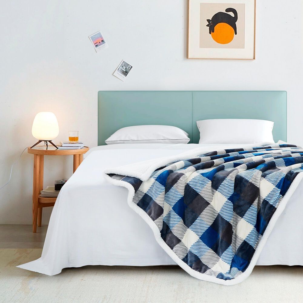 Duke Imports Flannel Sherpa Plaid Throw in Blue and Grey, , large
