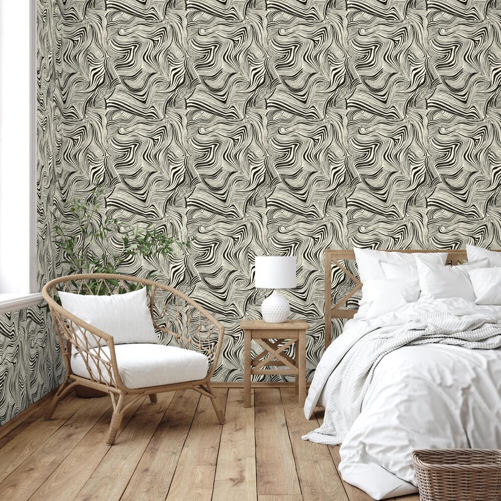 Tempaper Zebra Marble 198&quot; x 20.5&quot; Peel and Stick Wallpaper in Waverly White and Black, , large