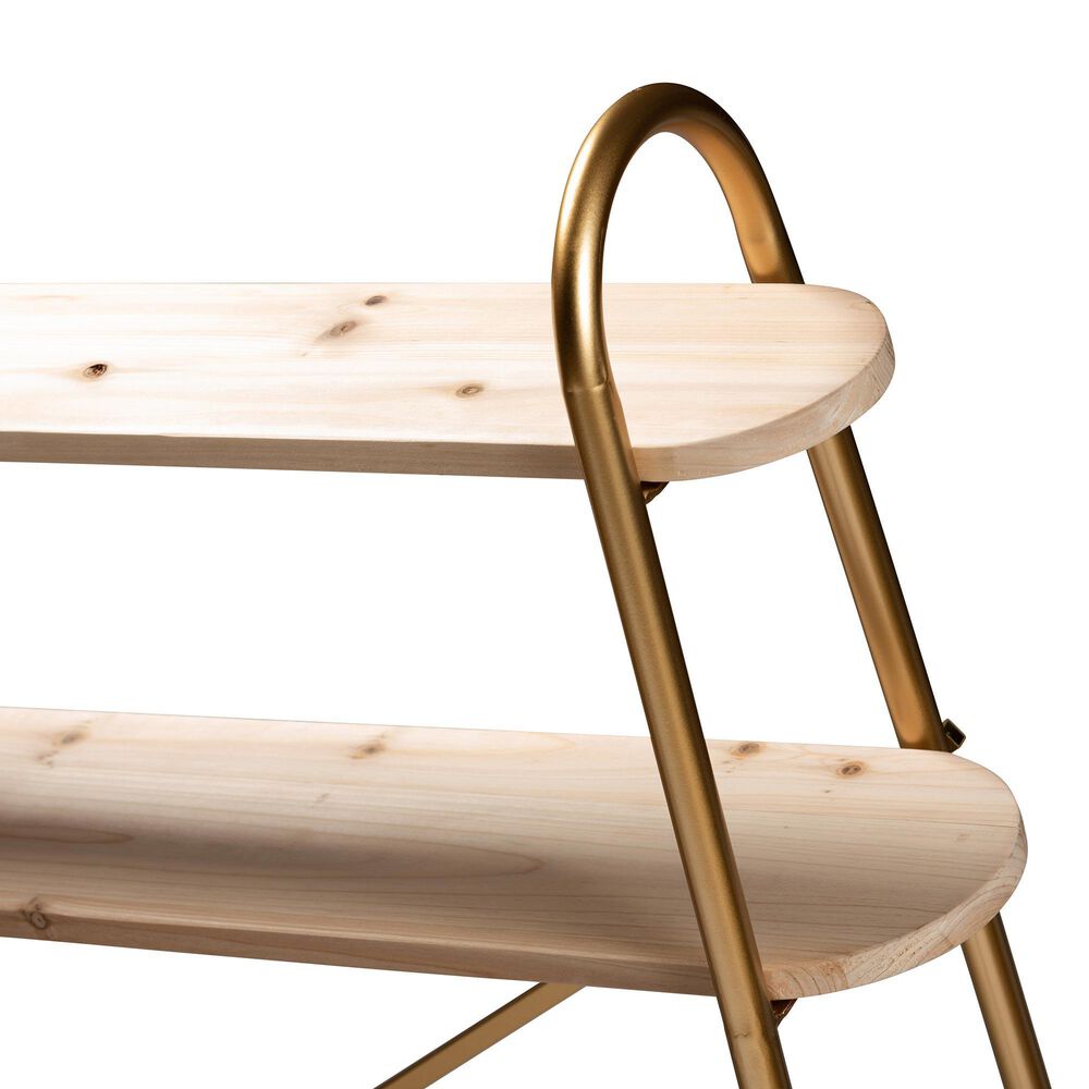 Baxton Studio Merida 2-Tier Over Bed Queen Size Storage Display Shelf in Brushed Gold and Natural Brown, , large