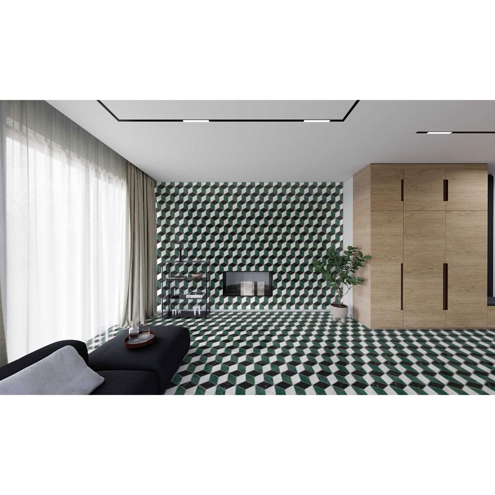 Soho Studio Pari Verde Nero, Dark Green and Carrara 8" x 9.21" Marble Mosaic Sheet, , large