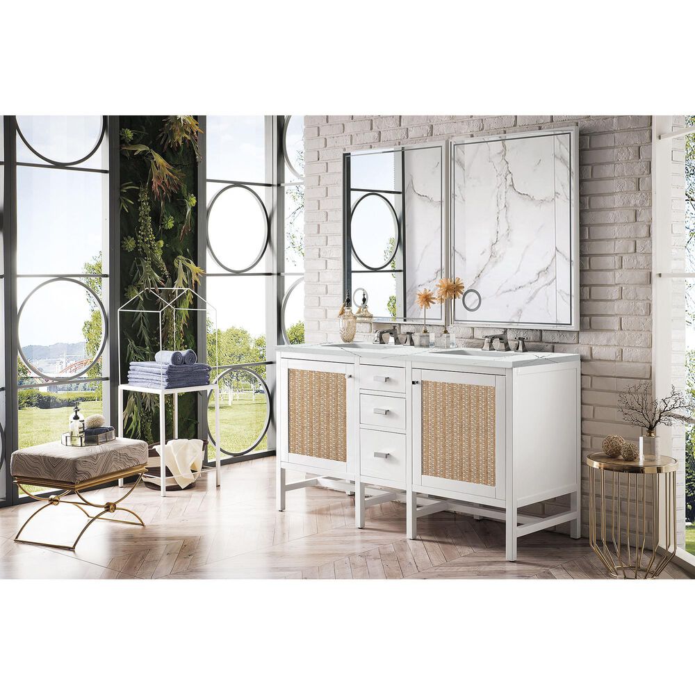 James Martin Vanities Addison 60&quot; Double Bathroom Vanity in Glossy White with 3 cm Ethereal Noctis Quartz Top and Rectangular Sinks, , large