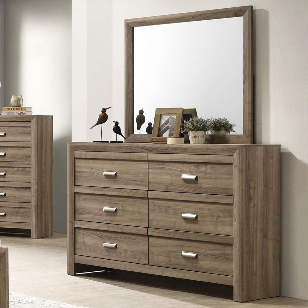 Crown Mark Valor 6-Drawer Dresser and Mirror in Light Brown, , large