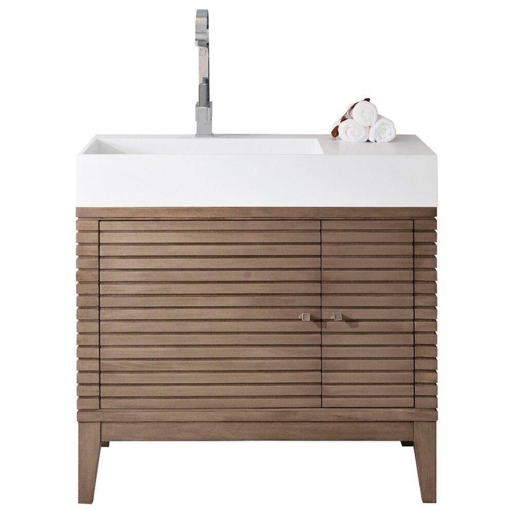 James Martin Vanities Linear 36" Single Bathroom Vanity in Whitewashed Walnut with 13 cm Glossy White Solid Surface Top and Rectangular Sink, , large