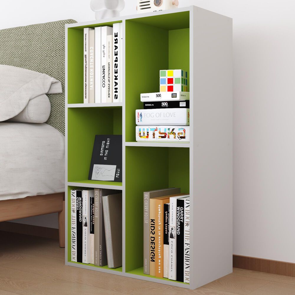 HOMLUX 5-Cube Reversible Storage Bookshelf in White and Green, , large