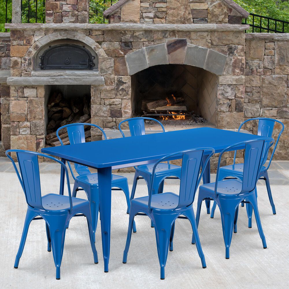 Flash Furniture 7-Piece Rectangular Metal Table Set in Blue, , large