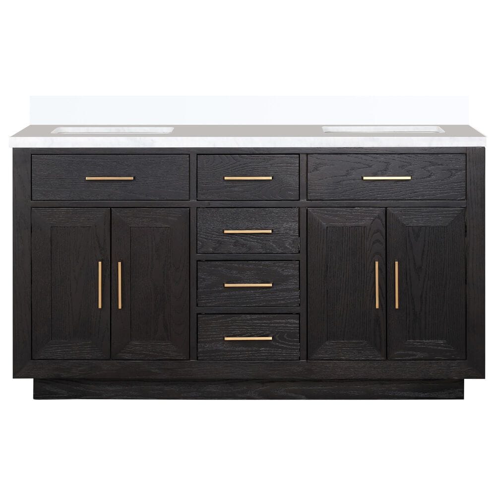 Lexora Home Abbey 60&quot; Double Bathroom Vanity in Black Oak with 2 cm White Quartz Top and Rectangular Sinks, , large
