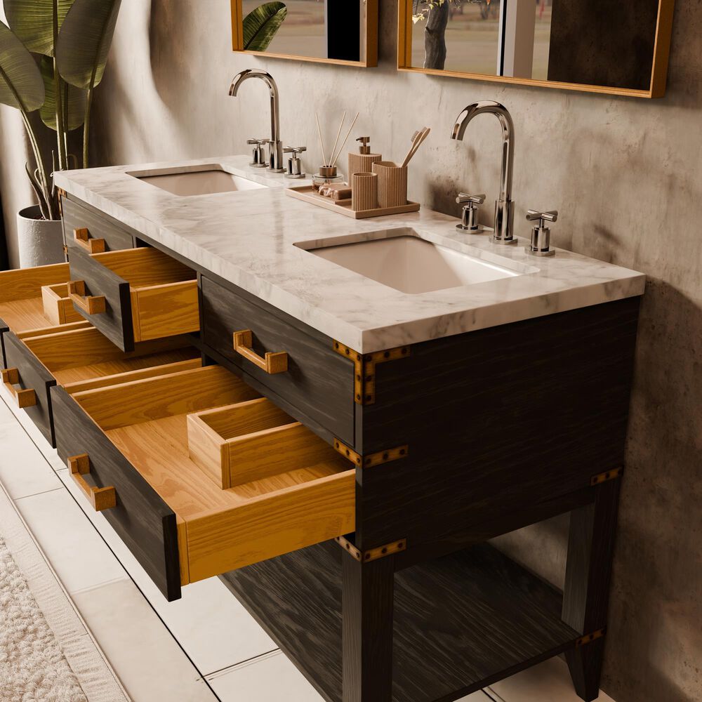 Lexora Home Norwalk 60&quot; Double Bathroom Vanity in Black Oak with White Carrara Marble Top and Rectangular Sinks, , large