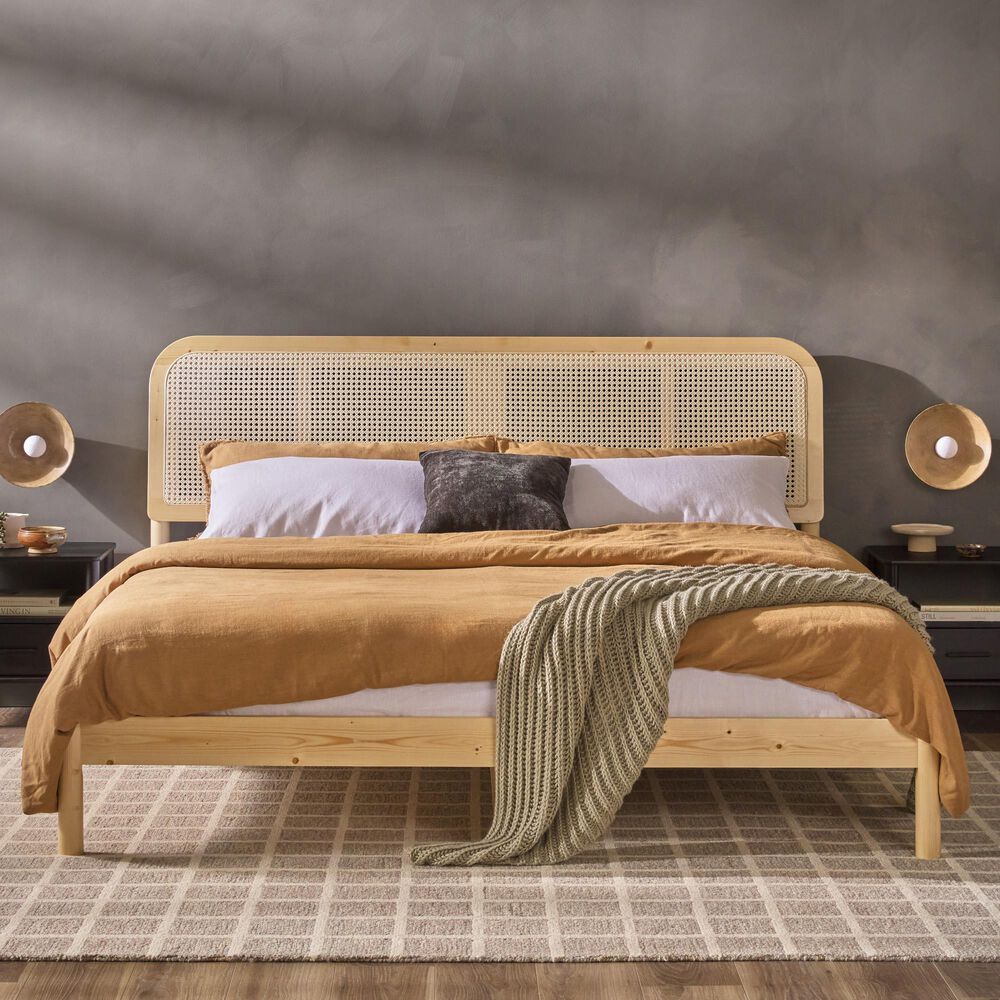 Walker Edison Neru King Platform Bed with Curved Rattan Headboard in Natural, , large