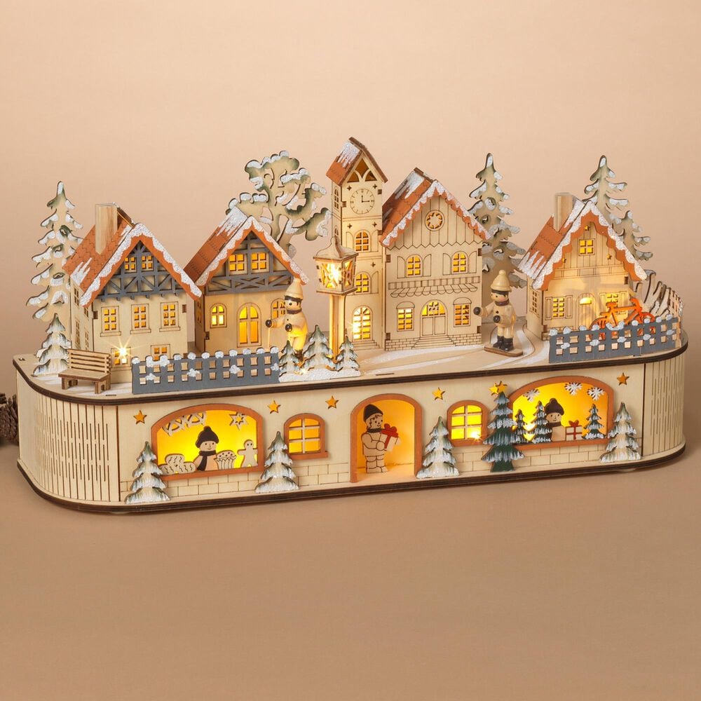 The Gerson Company Lighted Laser Cut Wood Holiday Village Scene in Tan, , large