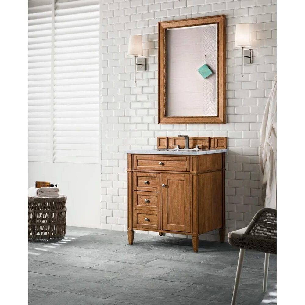 James Martin Vanities Brittany 30&quot; Single Bathroom Vanity in Saddle Brown with 3 cm Carrara White Marble Top and Rectangle Sink, , large