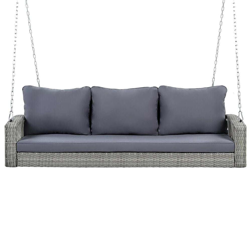 Hearth and Haven Go Outdoor 3-Seater PE Rattan Wicker Porch Swing Bench in Gray, , large