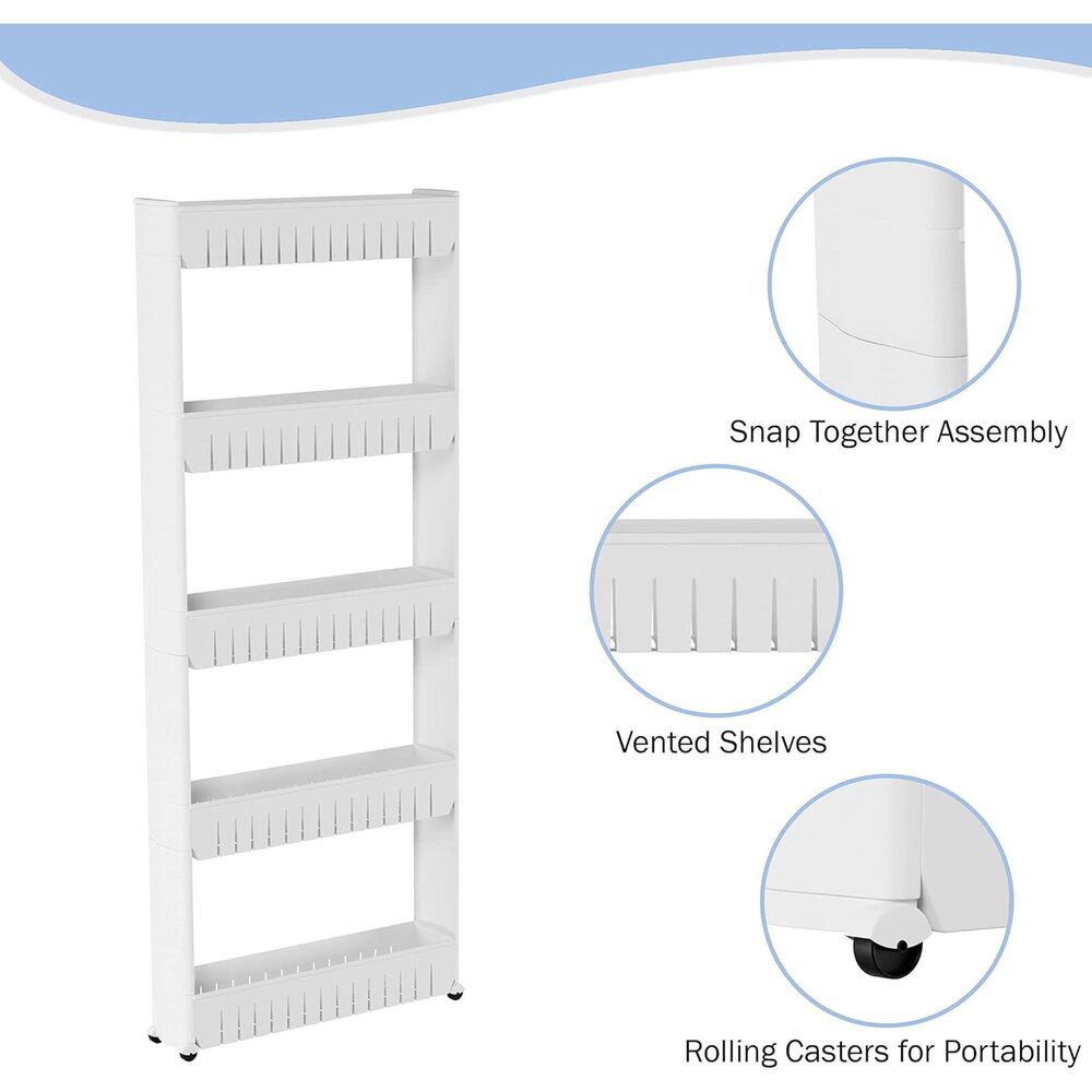 Timberlake Lavish Home Slim Slide Out 5 -Tier Storage Tower with Wheels in White, , large