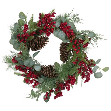Noble House McKone 22" Eucalyptus Wreath in Green and Red, , large
