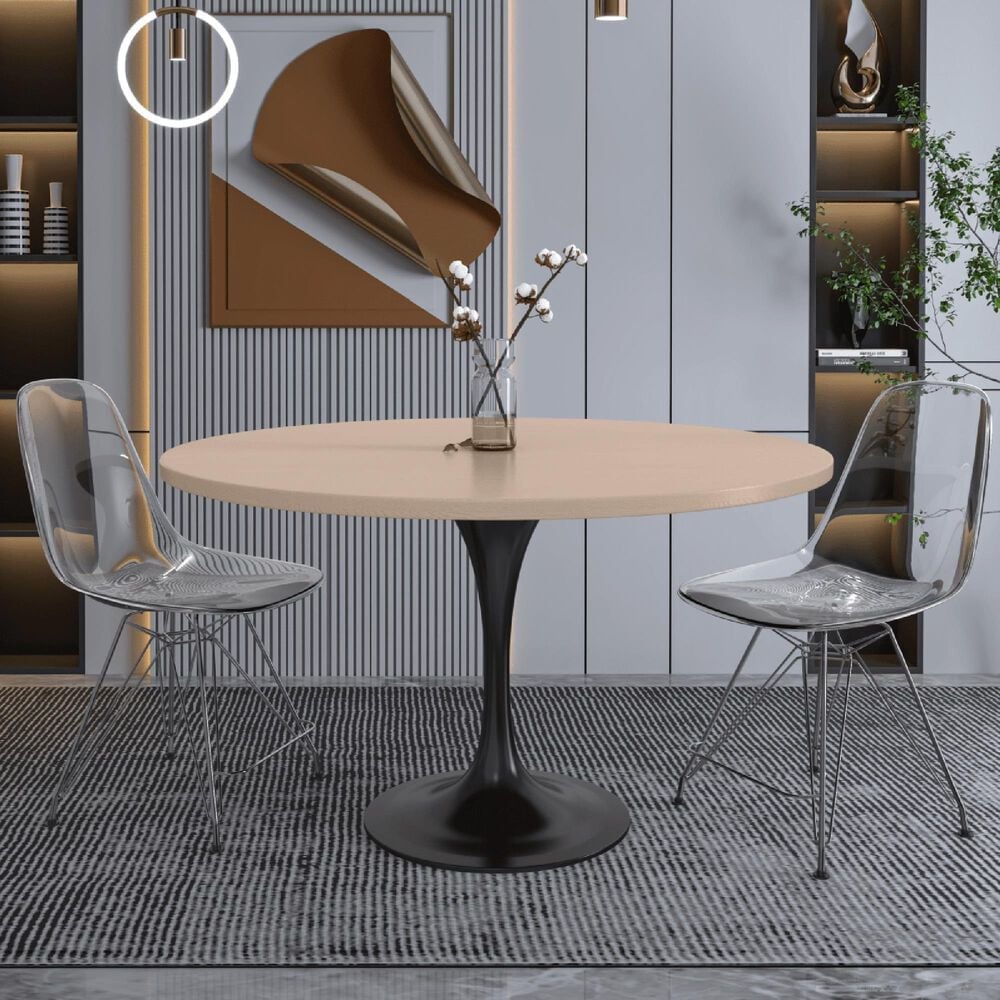 Leisuremod LeisureMod Verve Collection 48 Round Dining Table, Black Base with Light Natural Wood MDF Top, , large
