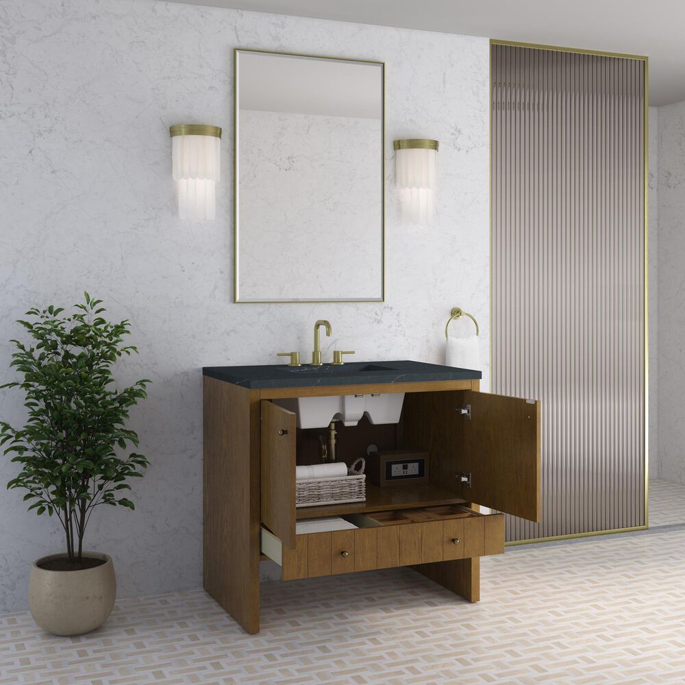 James Martin Hudson 36" Single Bathroom Vanity in Honey Oak with 3 cm Charcoal Soapstone Silestone Top and Rectangular Sink, , large