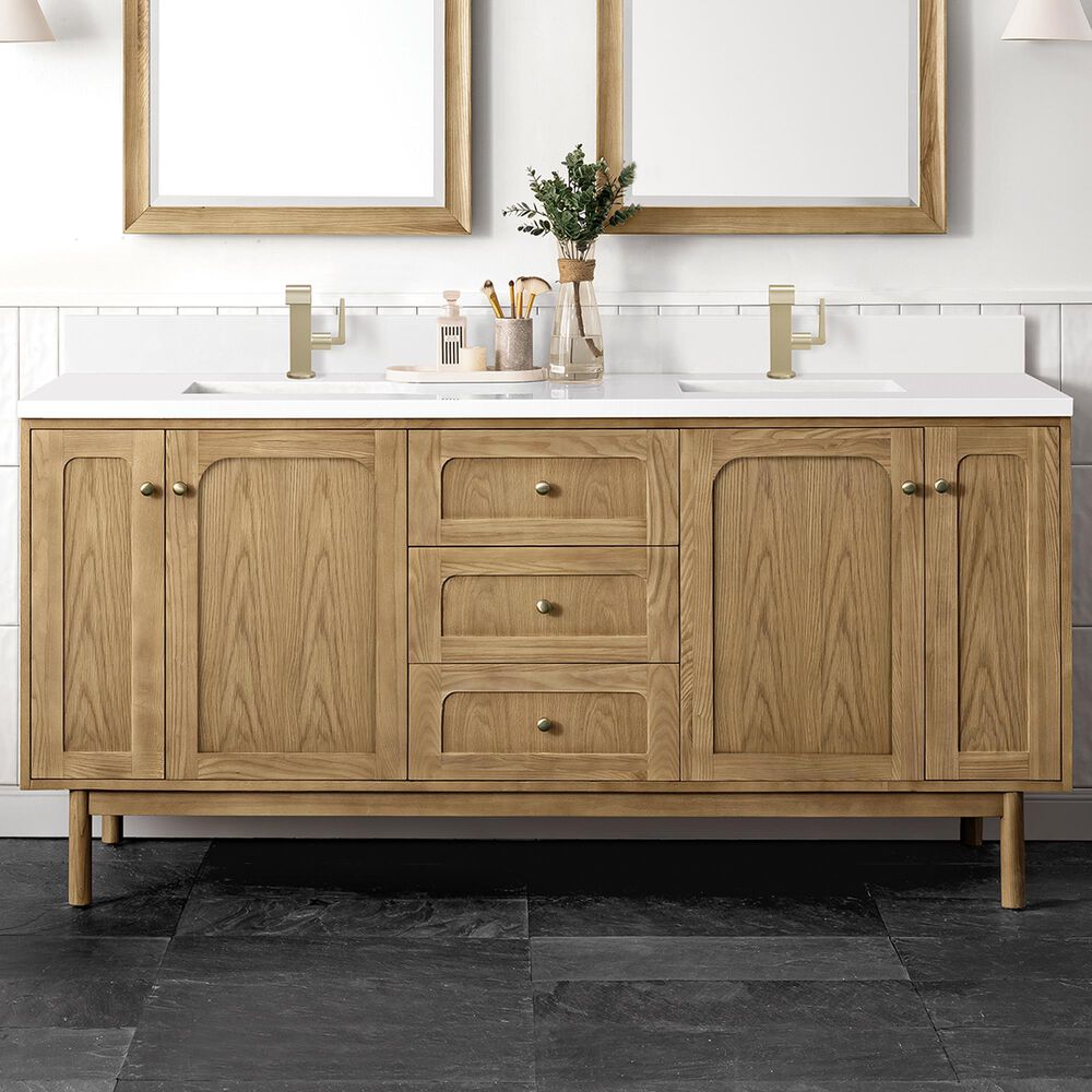 James Martin Vanities Laurent 72" Double Bathroom Vanity in Light Natural Oak with Single Hole 3 cm White Zeus Quartz Top and Rectangular Sinks, , large