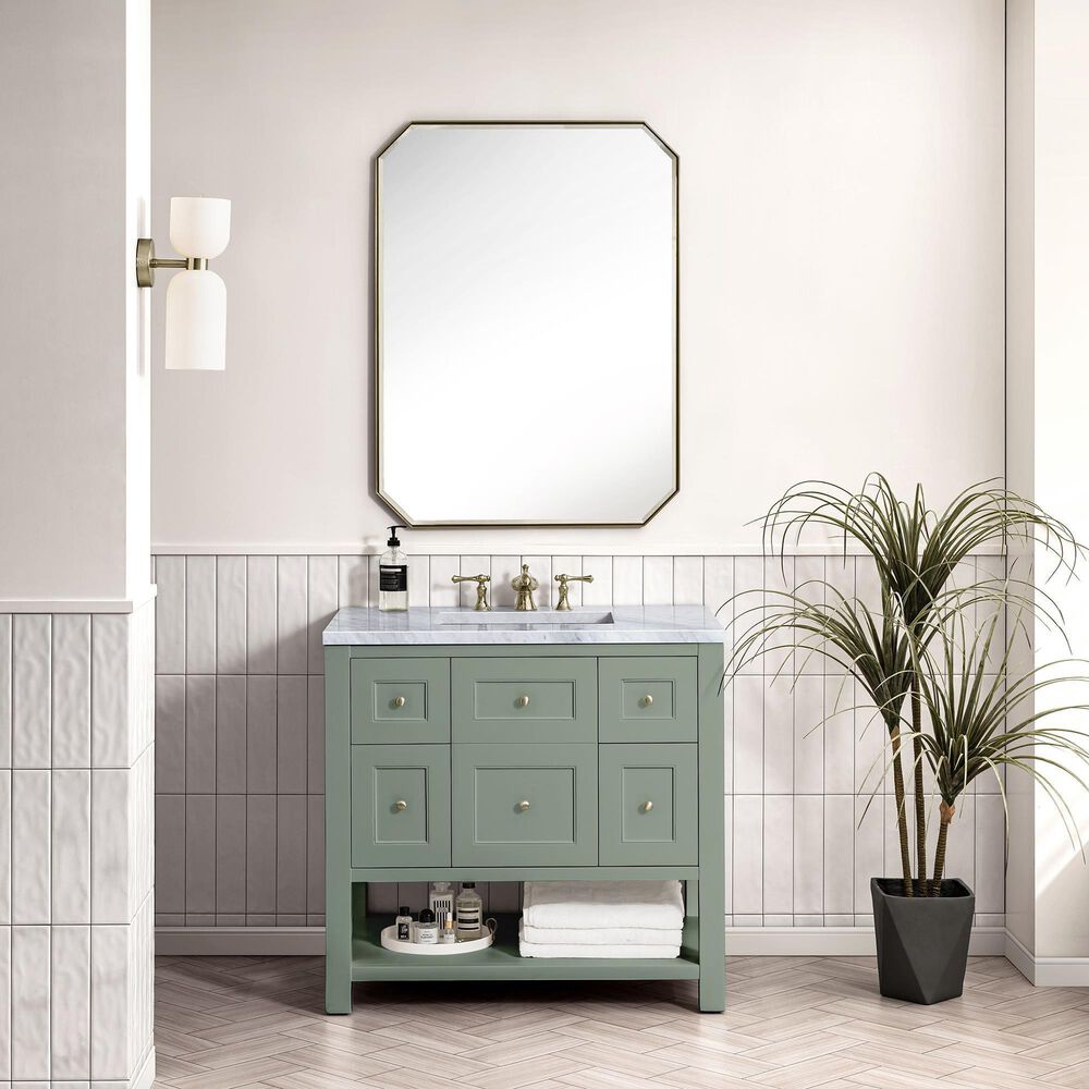 James Martin Vanities Breckenridge 36" Single Bathroom Vanity in Smokey Celadon with 3 cm Carrara White Marble Top and Rectangular Sink, , large