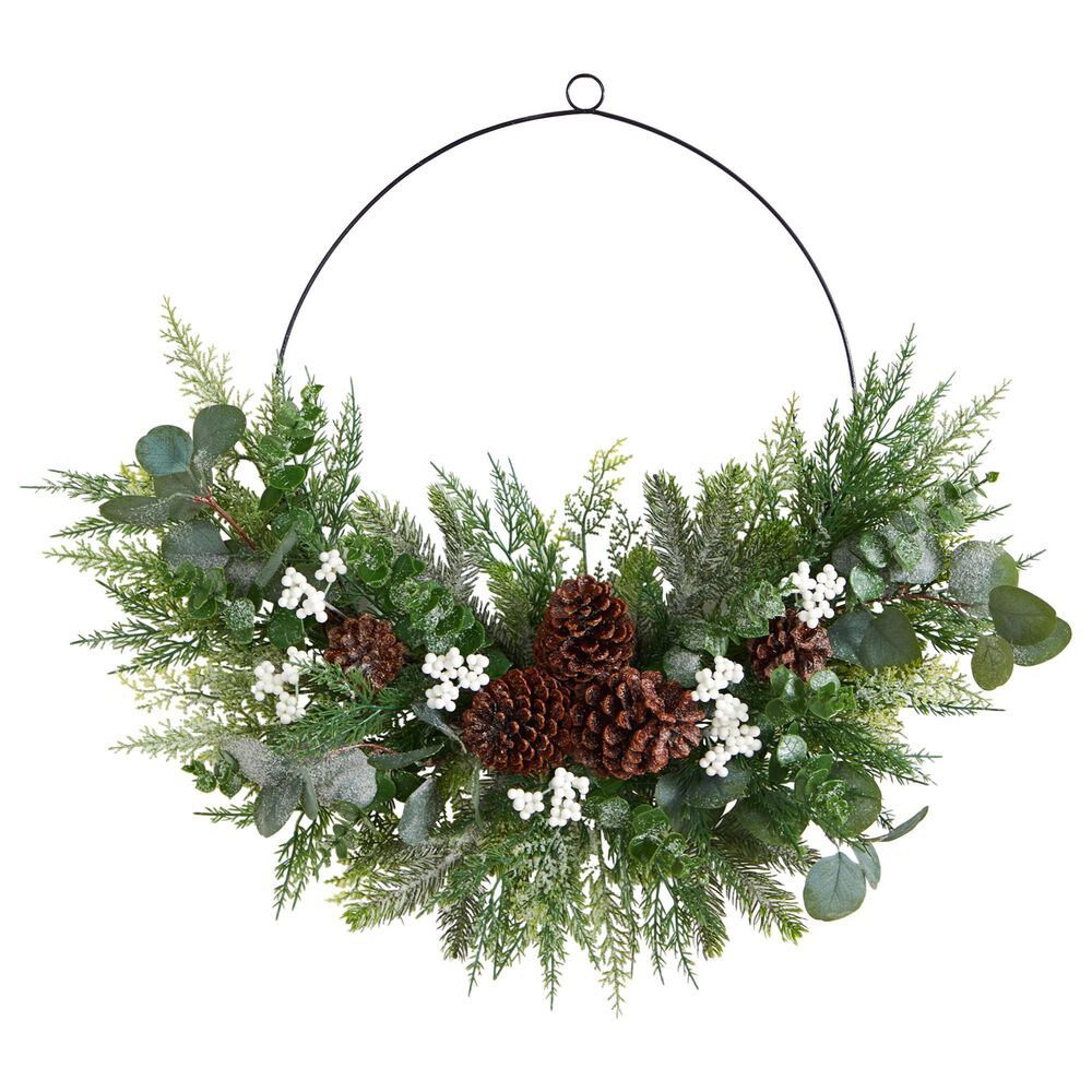 Nearly Natural Inc 28in. Christmas Pine, Eucalyptus, and Berries Metal Circlet Artificial Wreath, , large