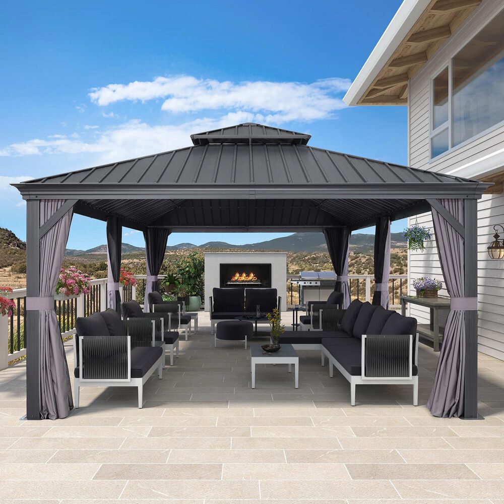 HOMLUX 24-ft x 12-ft Double Roof Outdoor Patio Gazebo in Gray with Hardtop Roof (Screen Included), , large