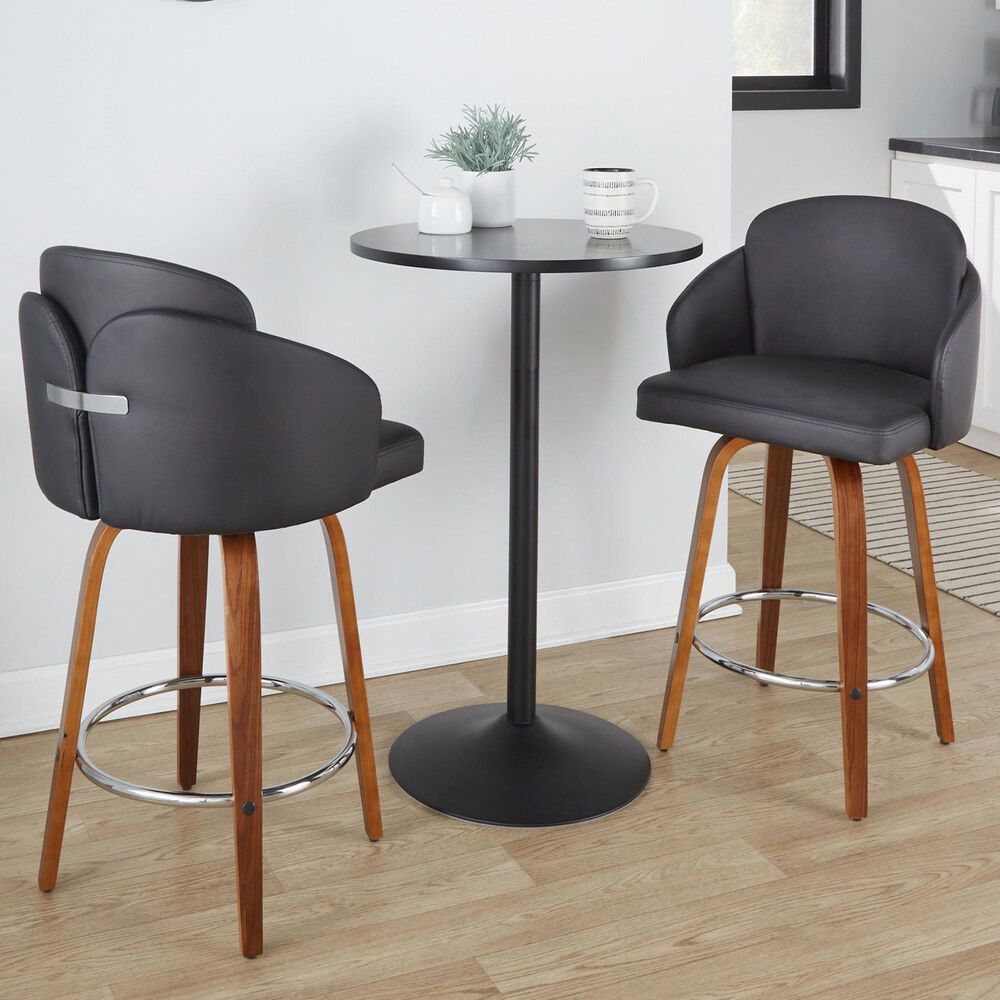 LumiSource Dahlia Swivel Counter Stool with Black Faux Leather Upholstery in Walnut and Chrome (Set of 2), , large