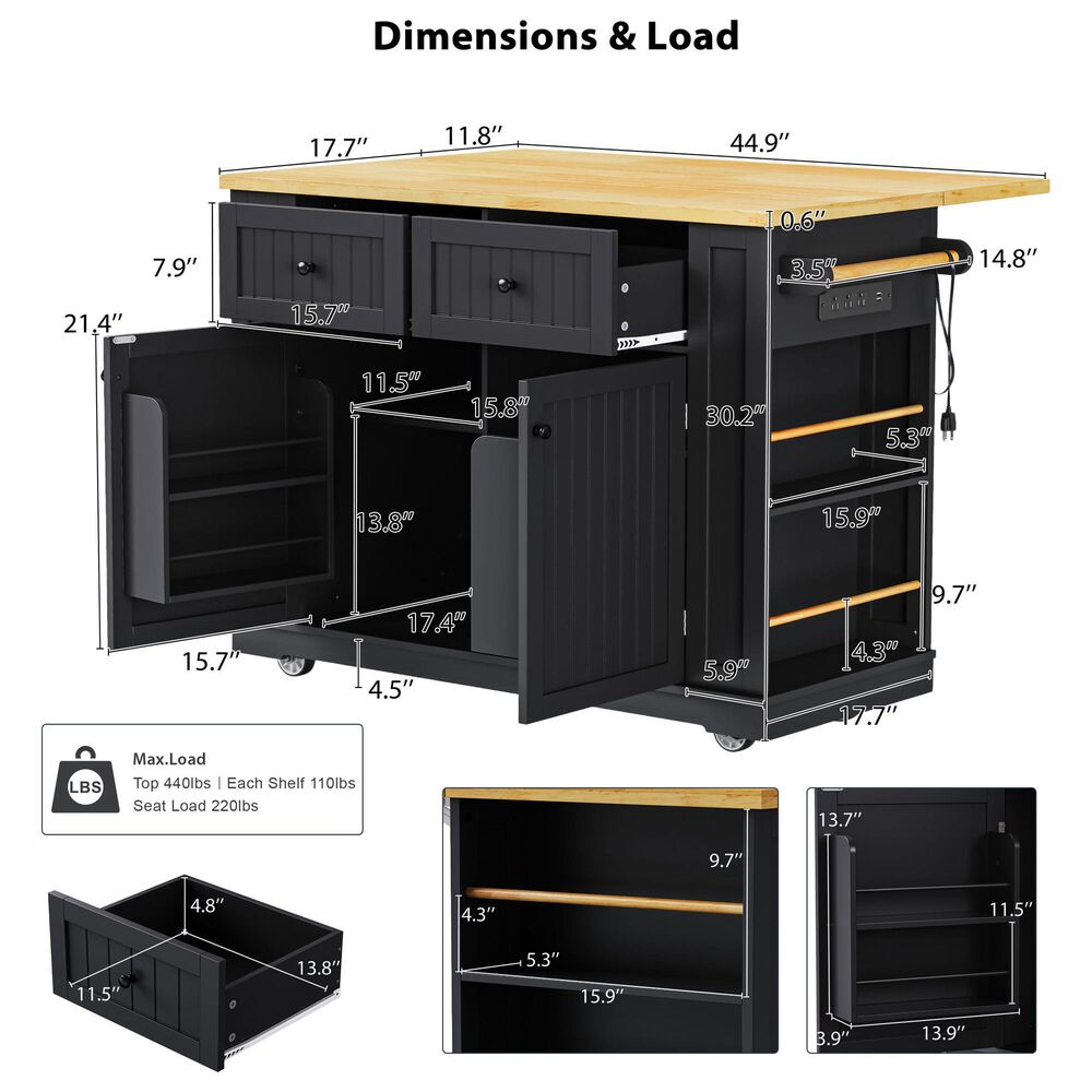 HOMLUX 48" Kitchen Island with Drop Leaf in Black and Natural, , large