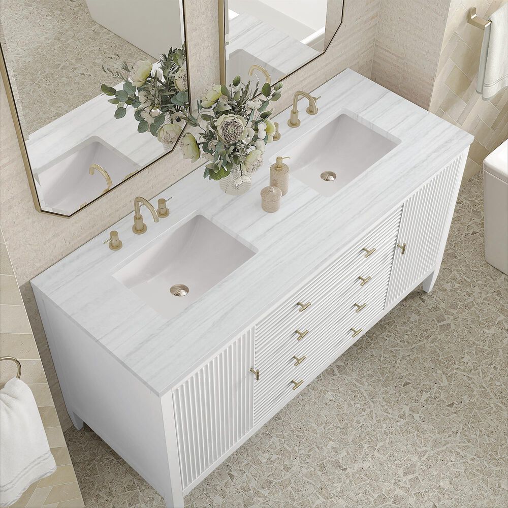 James Martin Vanities Myrrin 60&quot; Double Vanity in Bright White with 3 cm Arctic Fall Solid Surface Top, , large