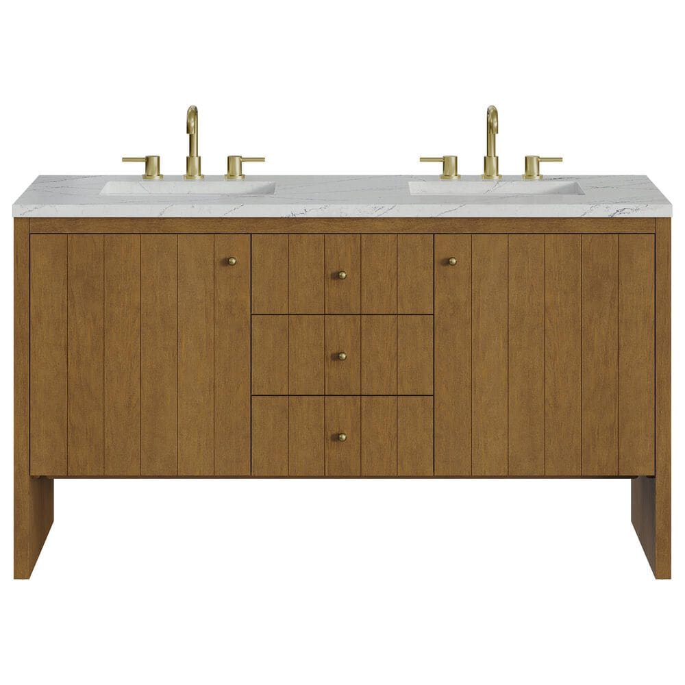 James Martin Hudson 60" Double Bathroom Vanity in Honey Oak with 3 cm Ethereal Noctis Silestone Top, Rectangular Sinks and FreePower Wireless Charger, , large