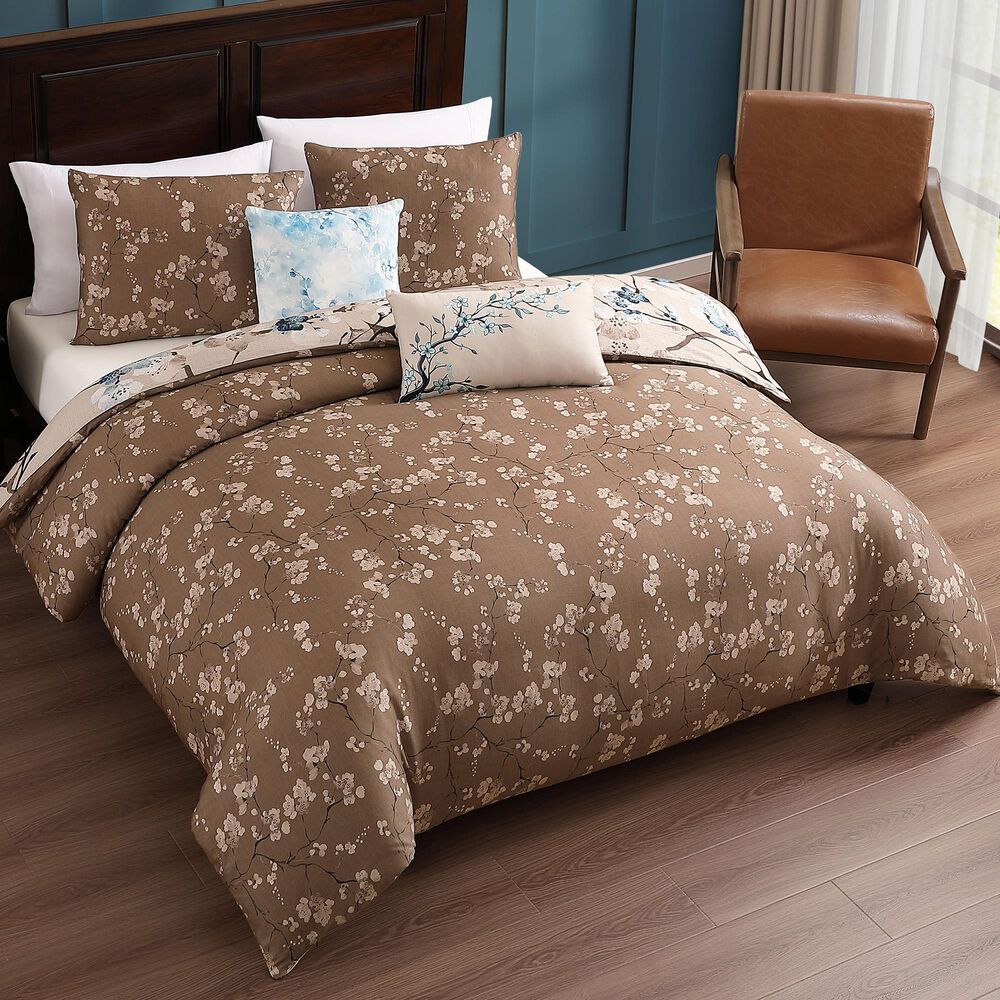 Bebejan Blue Blossom 5-Piece Queen Reversible Comforter Set in Cerulean Blue, Taupe and Dark Brown, , large