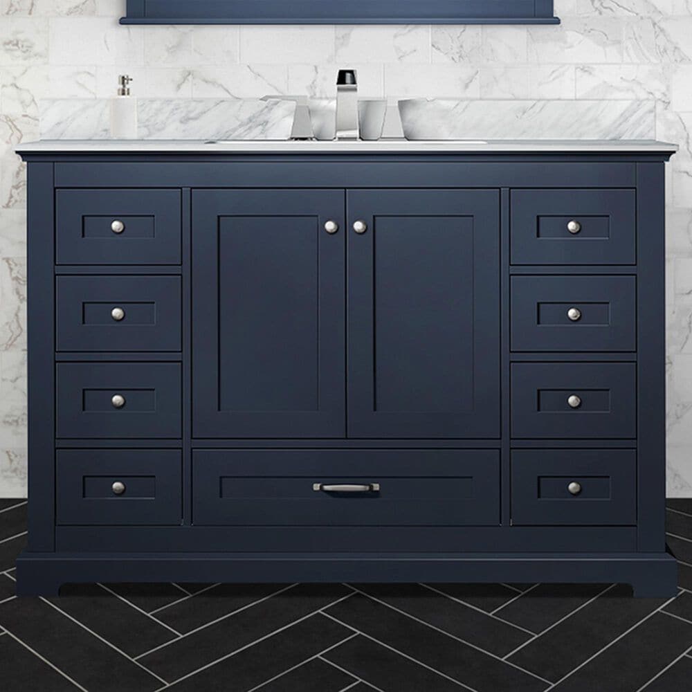 Lexora Home Dukes 48&quot; Single Bathroom Vanity in Navy Blue with 2 cm White Carrara Marble Top and Rectangular Sink, , large