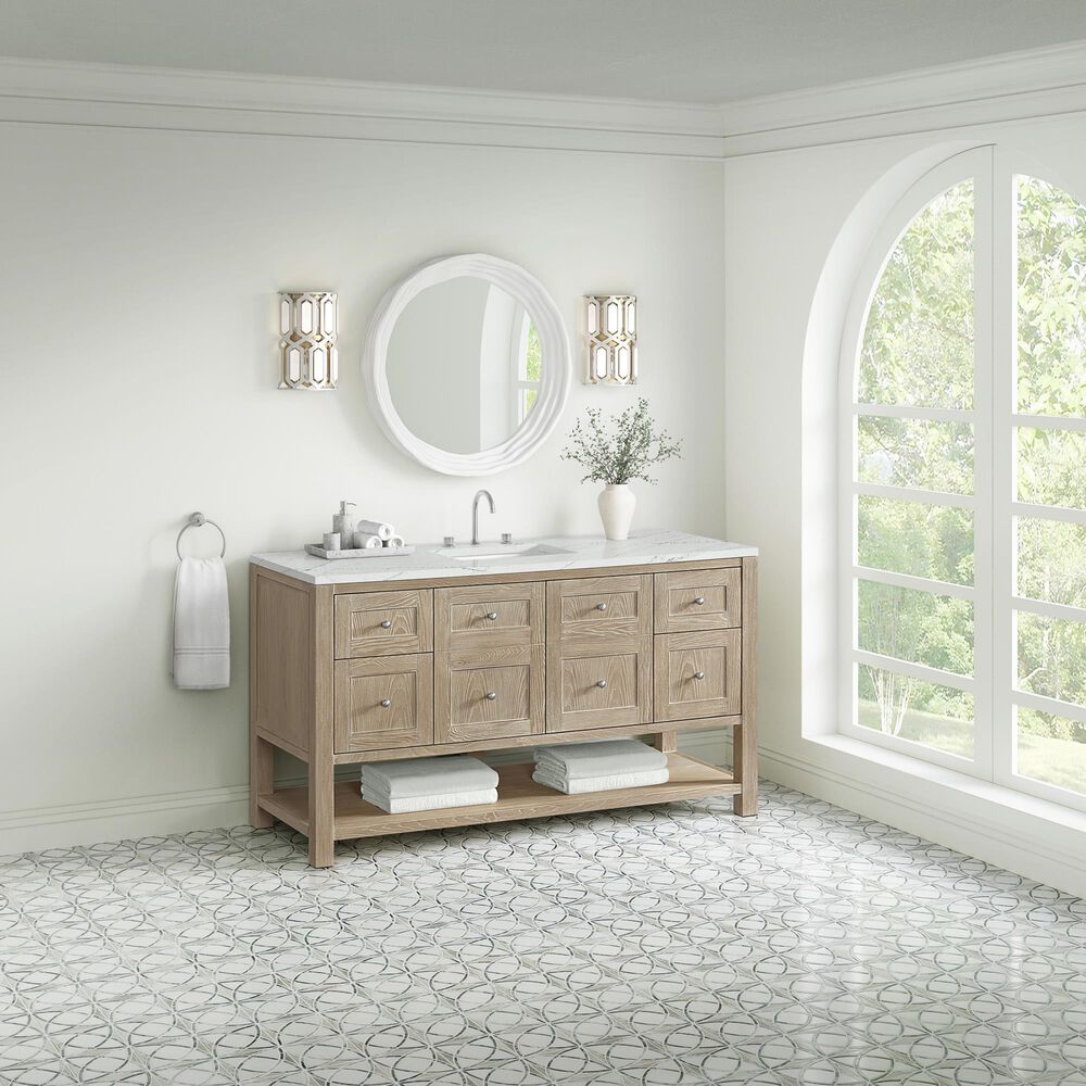 James Martin Vanities Breckenridge 60&quot; Single Bathroom Vanity in Whitewashed Oak with 3 cm Ethereal Noctis Quartz Top and Rectangular Sink, , large