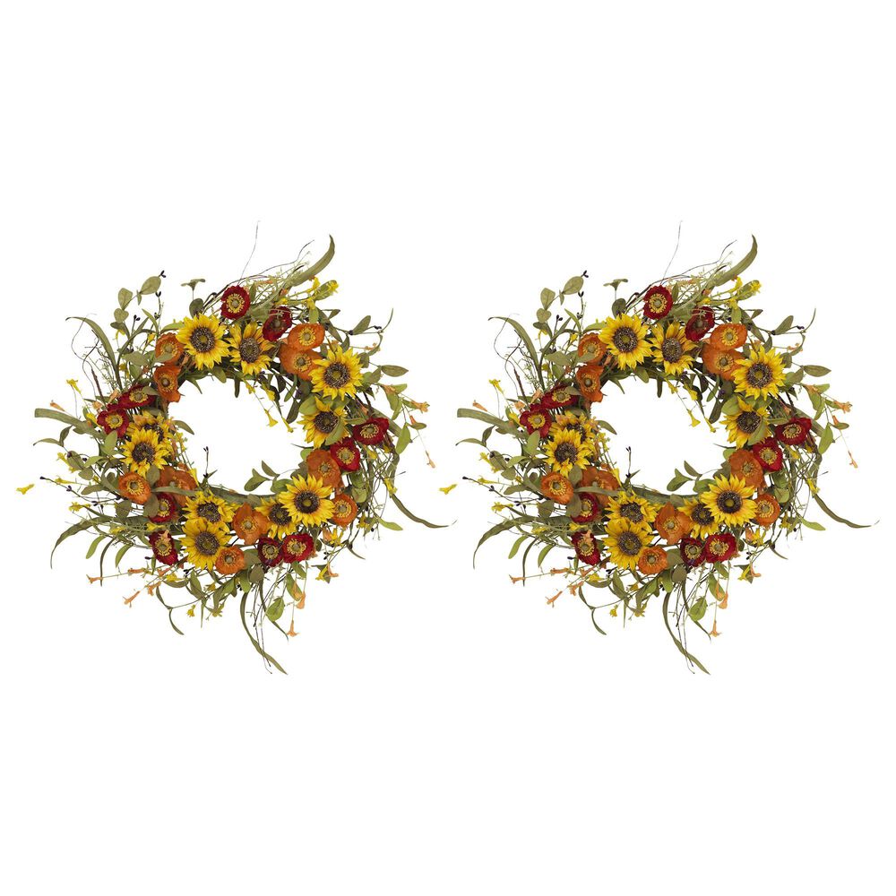 The Gerson Company 24" Mixed Flower Wreath in Yellow, Orange and Green (Set of 2), , large