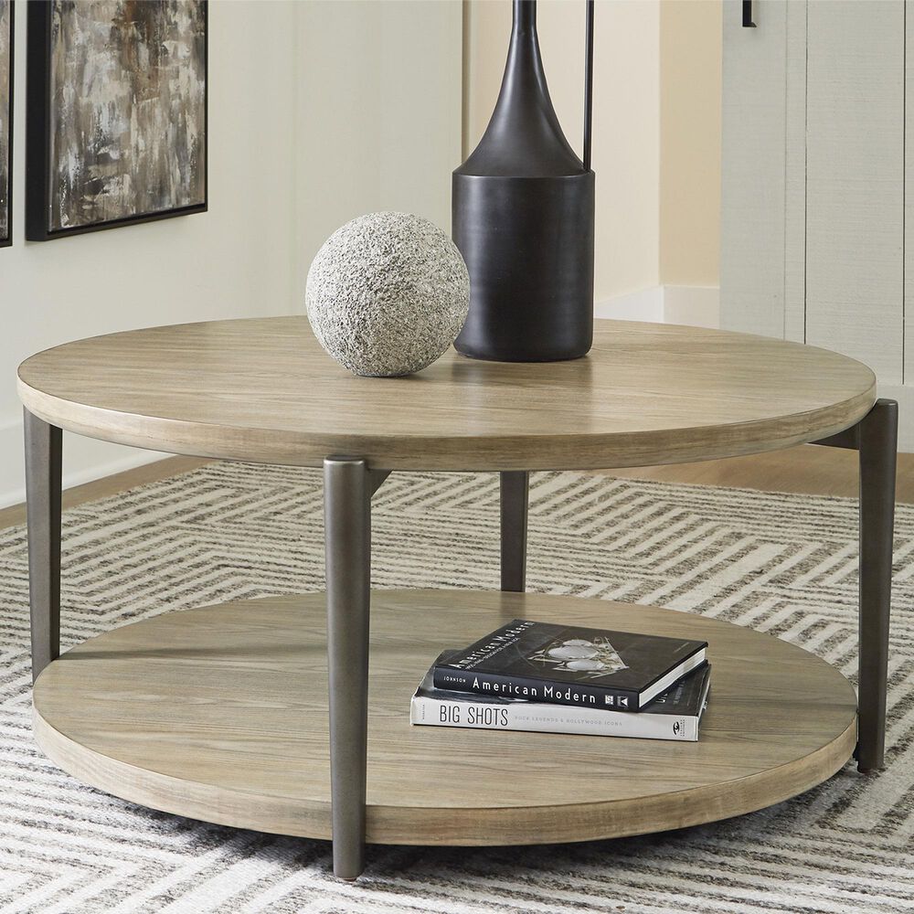 Ashley Dyonton Round Cocktail Table in Light Grayish Brown and Gunmetal, , large