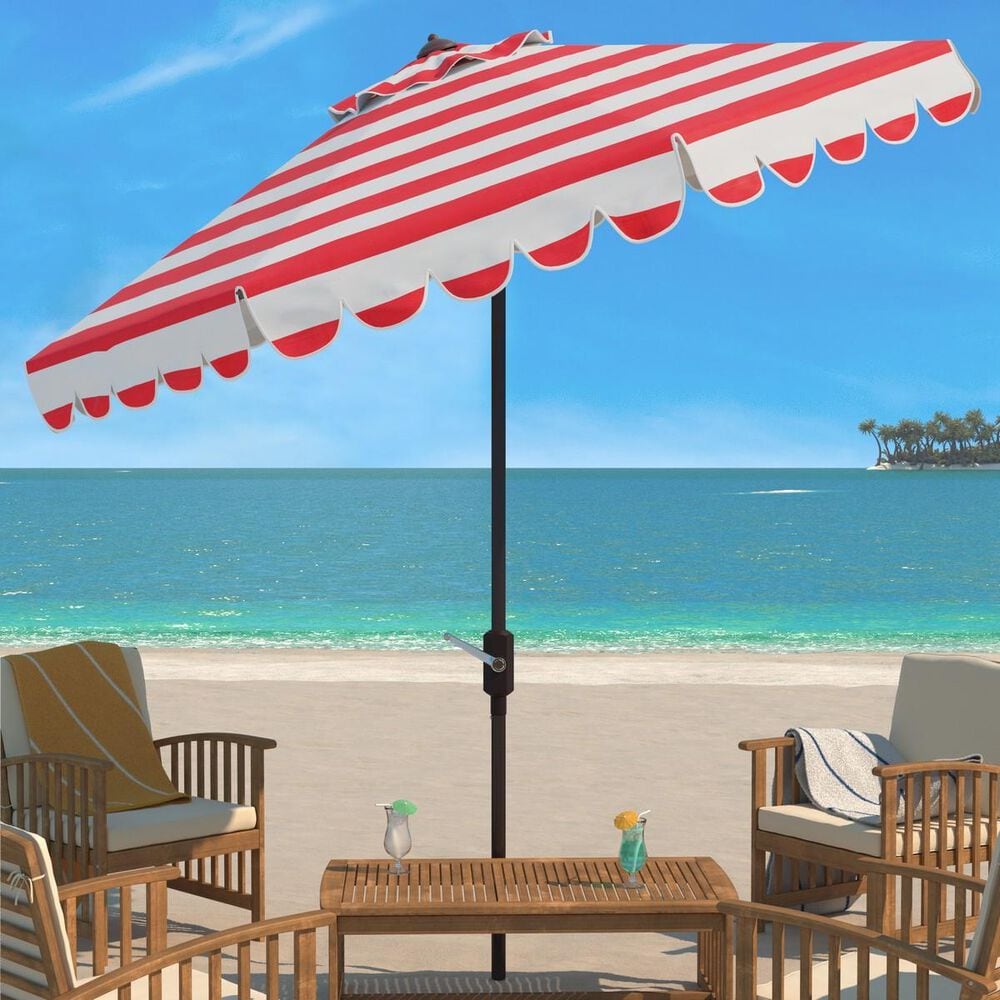 Safavieh Maui Single Scallop Striped 9Ft Crank Red and White Push Button Tilt Umbrella, , large
