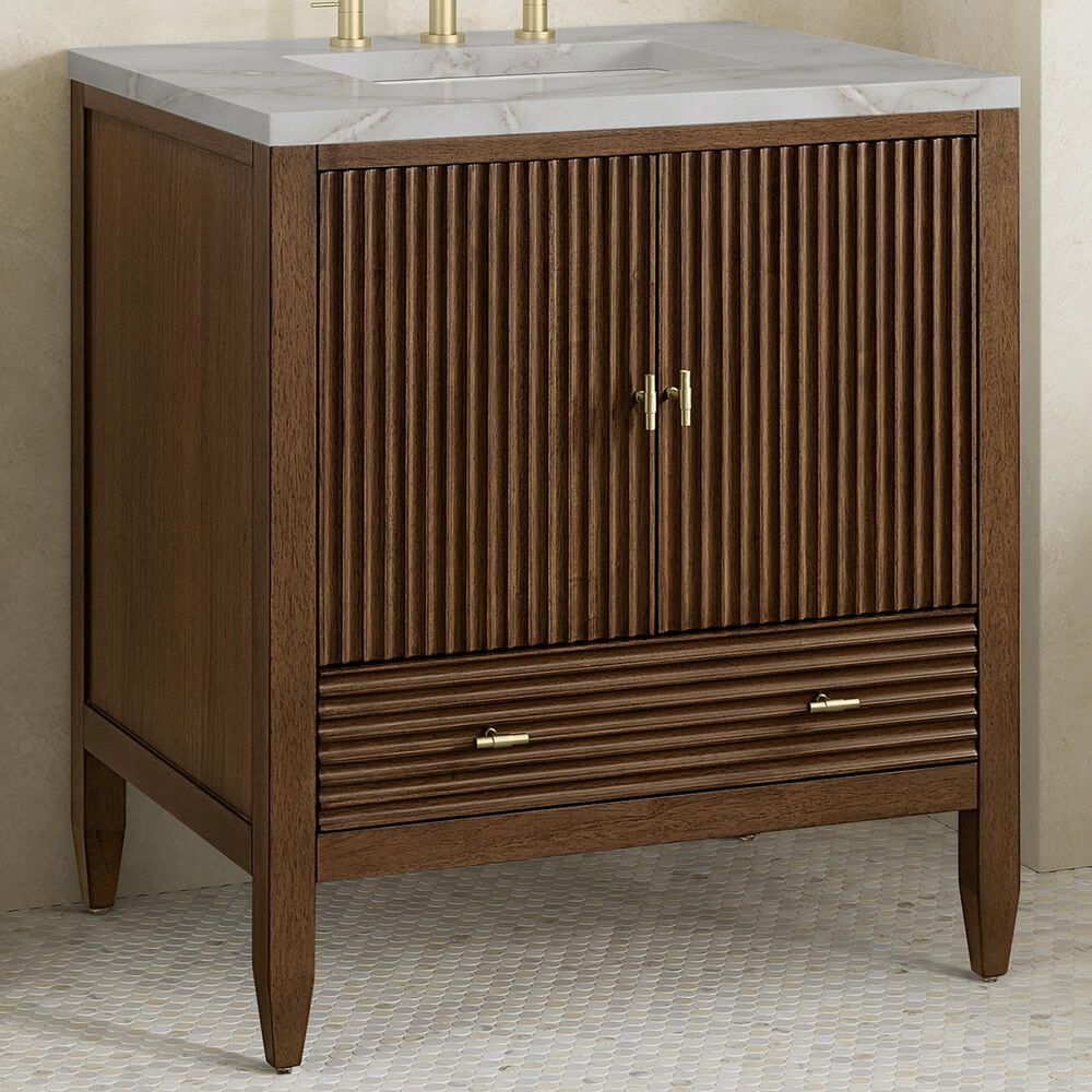 James Martin Myrrin 30" Single Bathroom Vanity in Mid-Century Walnut with 3 cm Victorian Silver Silestone Top and Rectangular Sink, , large