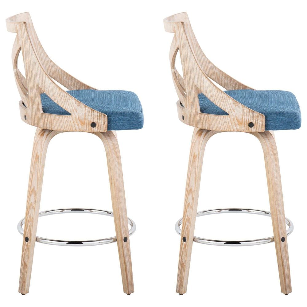 LumiSource Charlotte Swivel Counter Stool with Blue Fabric Upholstery in Whitewashed and Chrome (Set of 2), , large