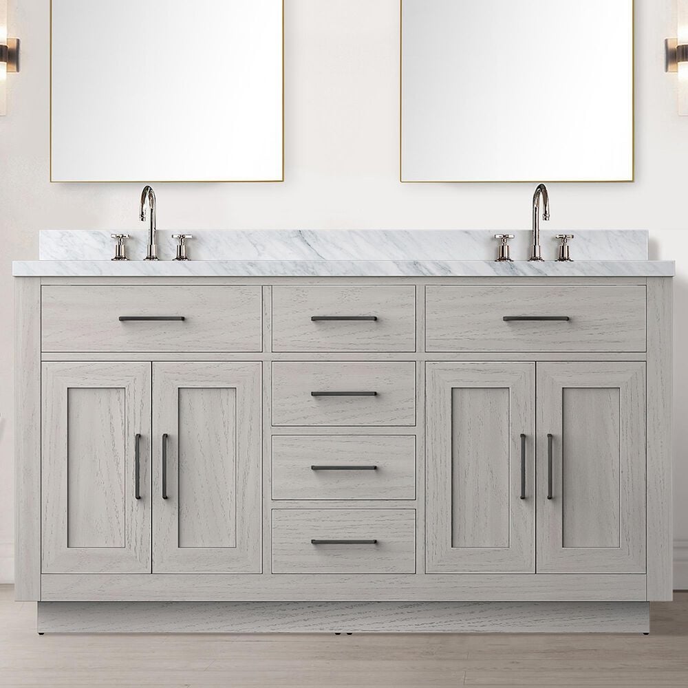 Lexora Home Abbey 60&quot; Double Bathroom Vanity in White Oak with 2 cm White Carrara Marble Top and Rectangular Sinks, , large