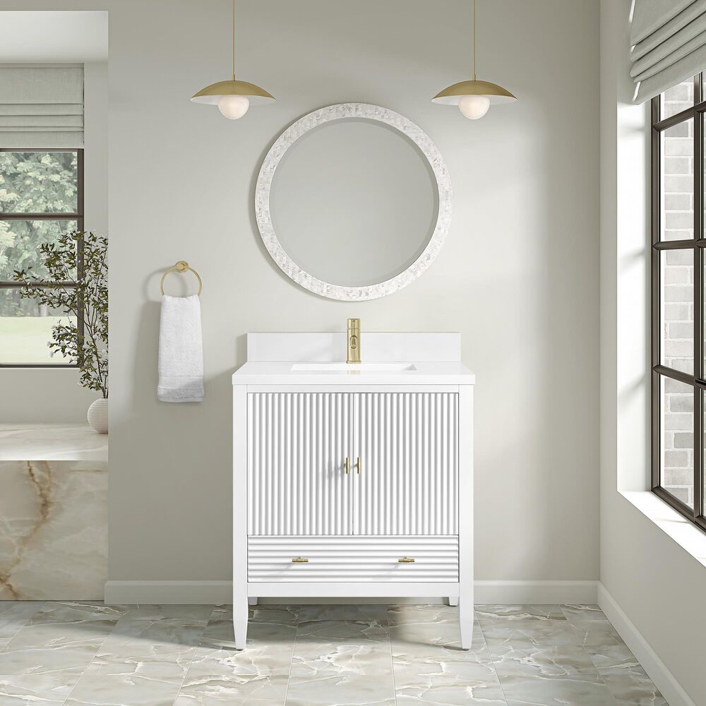 James Martin Myrrin 30" Single Bathroom Vanity in Bright White with Single Hole 3 cm White Zeus Silestone Top and Rectangular Sink, , large