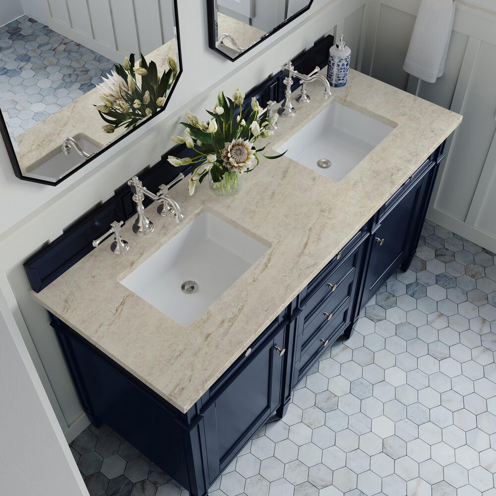 James Martin Brittany 60" Double Bathroom Vanity in Victory Blue with 3 cm Tajnar Eclos Top and Rectangular Sinks, , large