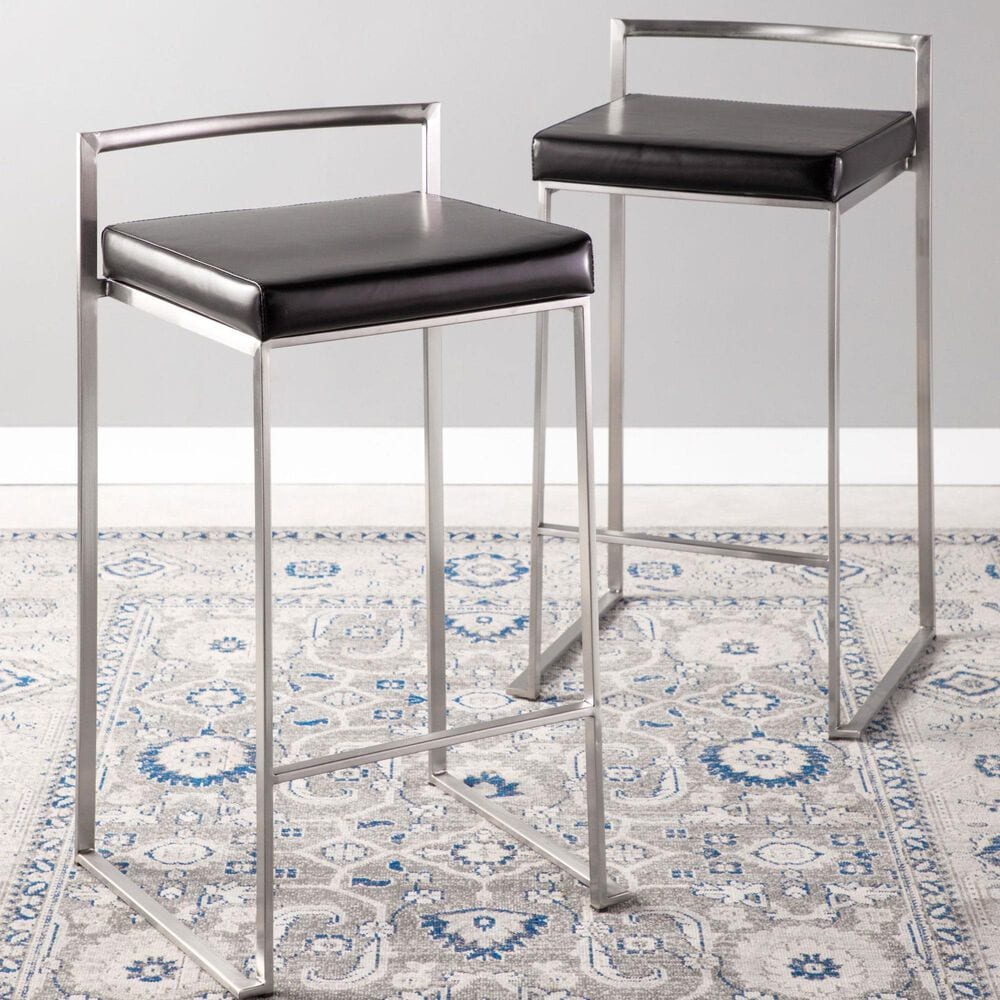 LumiSource Fuji Stackable Counter Stool with Black Faux Leather in Brushed Stainless Steel &#40;Set of 2&#41;, , large