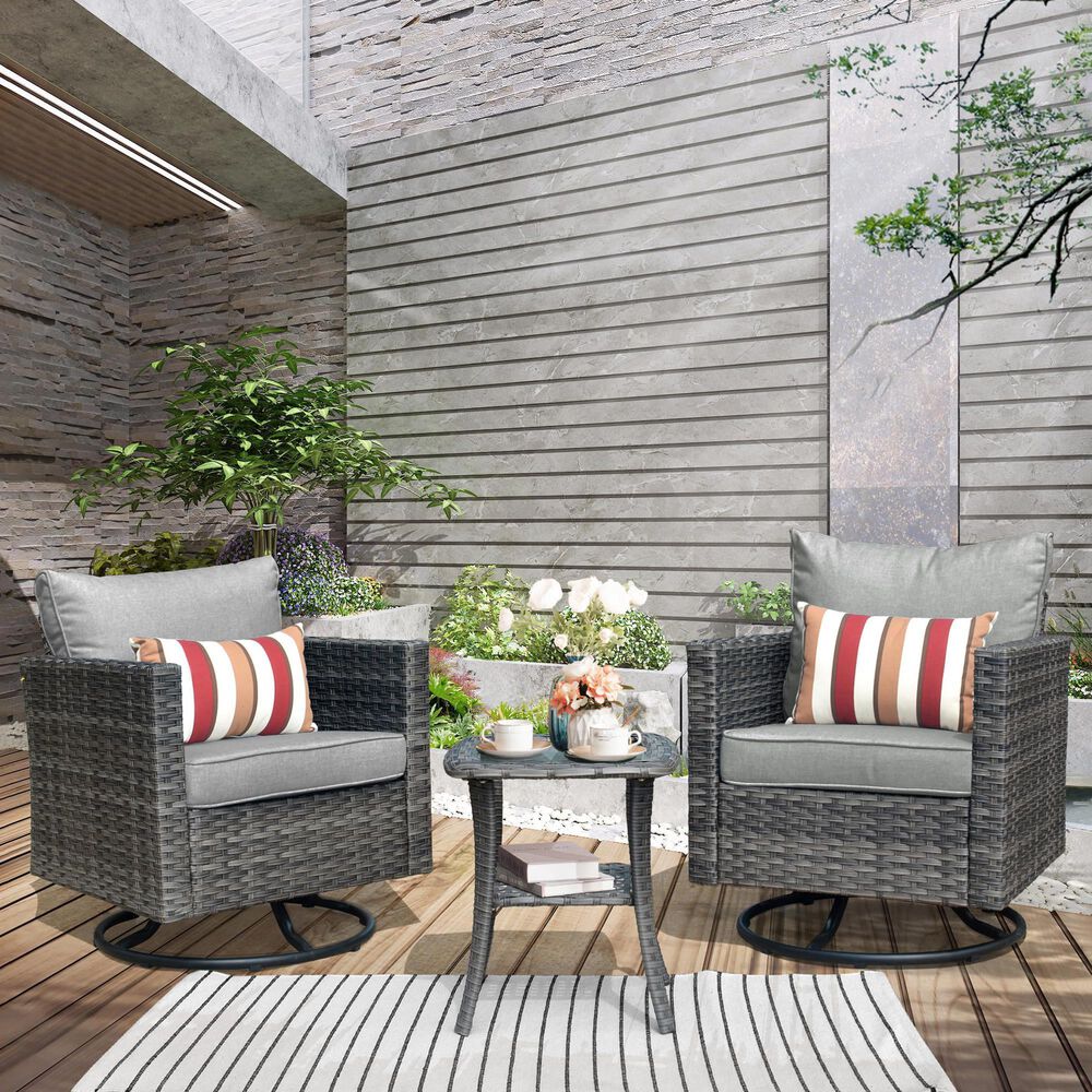HOMLUX 3-Piece Patio Conversation Set with Square-Arm Swivel Rocking Chairs in Dark Gray, , large