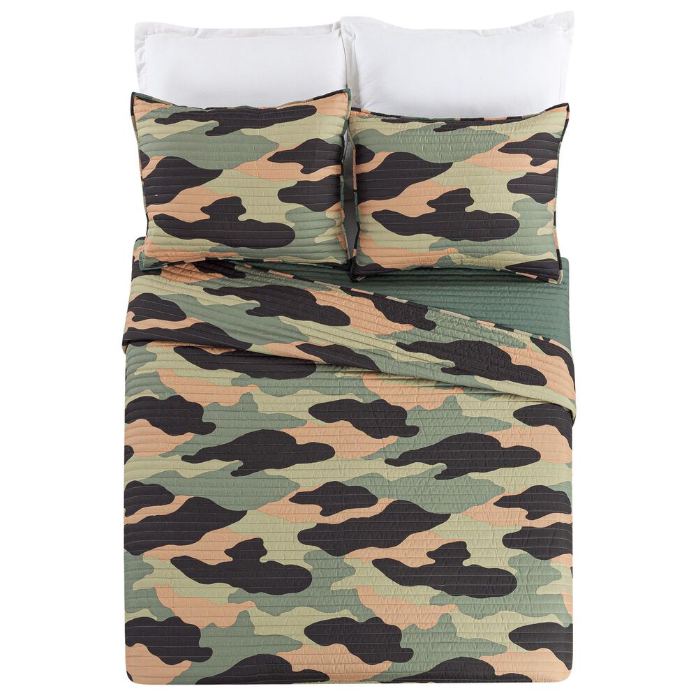 Peking Handicraft Covert Camo 3-Piece Full/Queen Quilt Set in Green, Yellow and Grey, , large