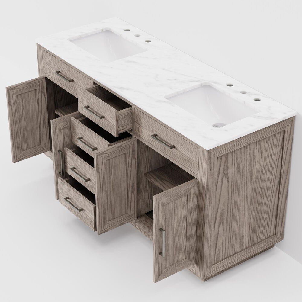 Lexora Home Abbey 60" Double Bathroom Vanity in Grey Oak with 2 cm White Carrara Marble Top and Rectangular Sinks, , large