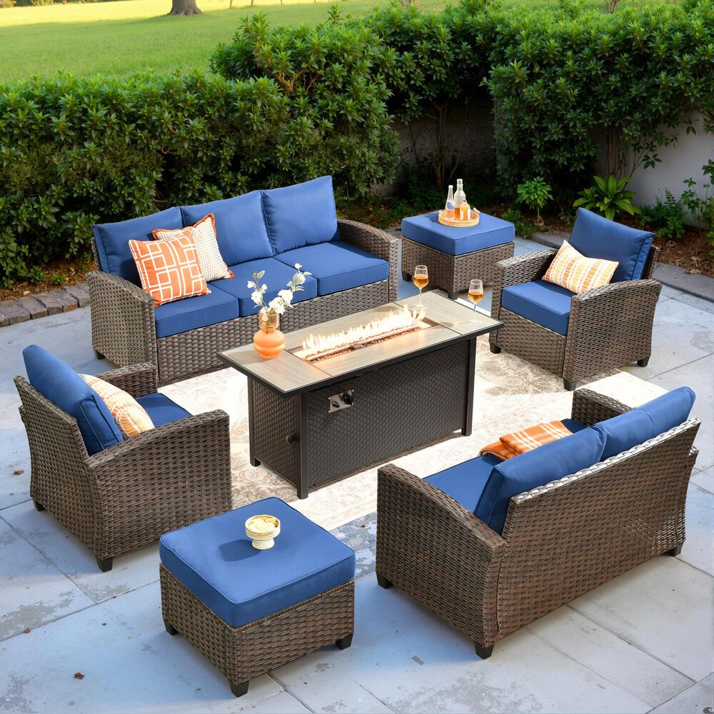 HOMLUX 7-Piece Patio Conversation Set with Fire Pit Table in Navy Blue, , large