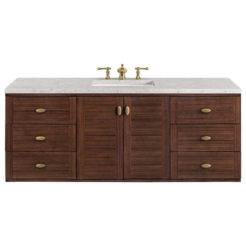 James Martin Vanities Amberly 60&quot; Single Bathroom Vanity in Walnut with 3 cm Eternal Jasmine Pearl Quartz Top and Rectangular Sink, , large