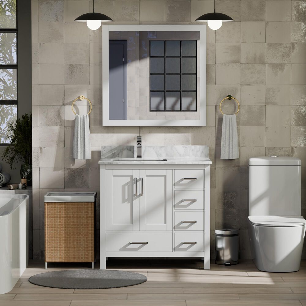 Lexora Home Jacques 36&quot; Left Offset Single Bathroom Vanity in White with 2 cm White Carrara Marble Top and Rectangular Sink, , large